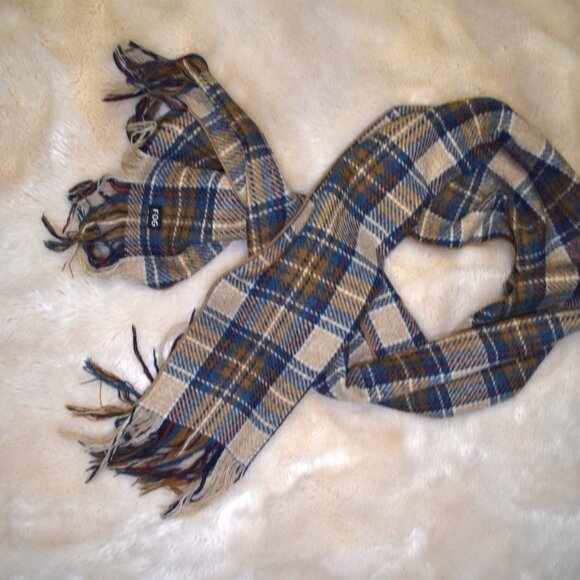 London Fog Plaid Wool Scarf Brown Blue - Picture 10 of 11